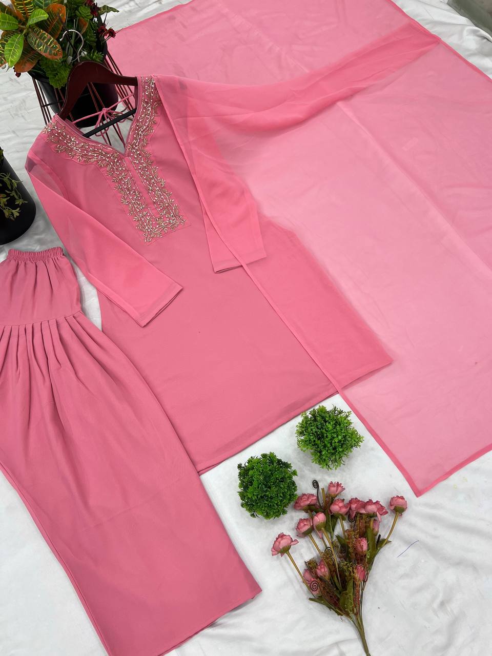 Stylish Pink Color Faux Georgette And Embroidery With Hand work And Beads Salwar Suit