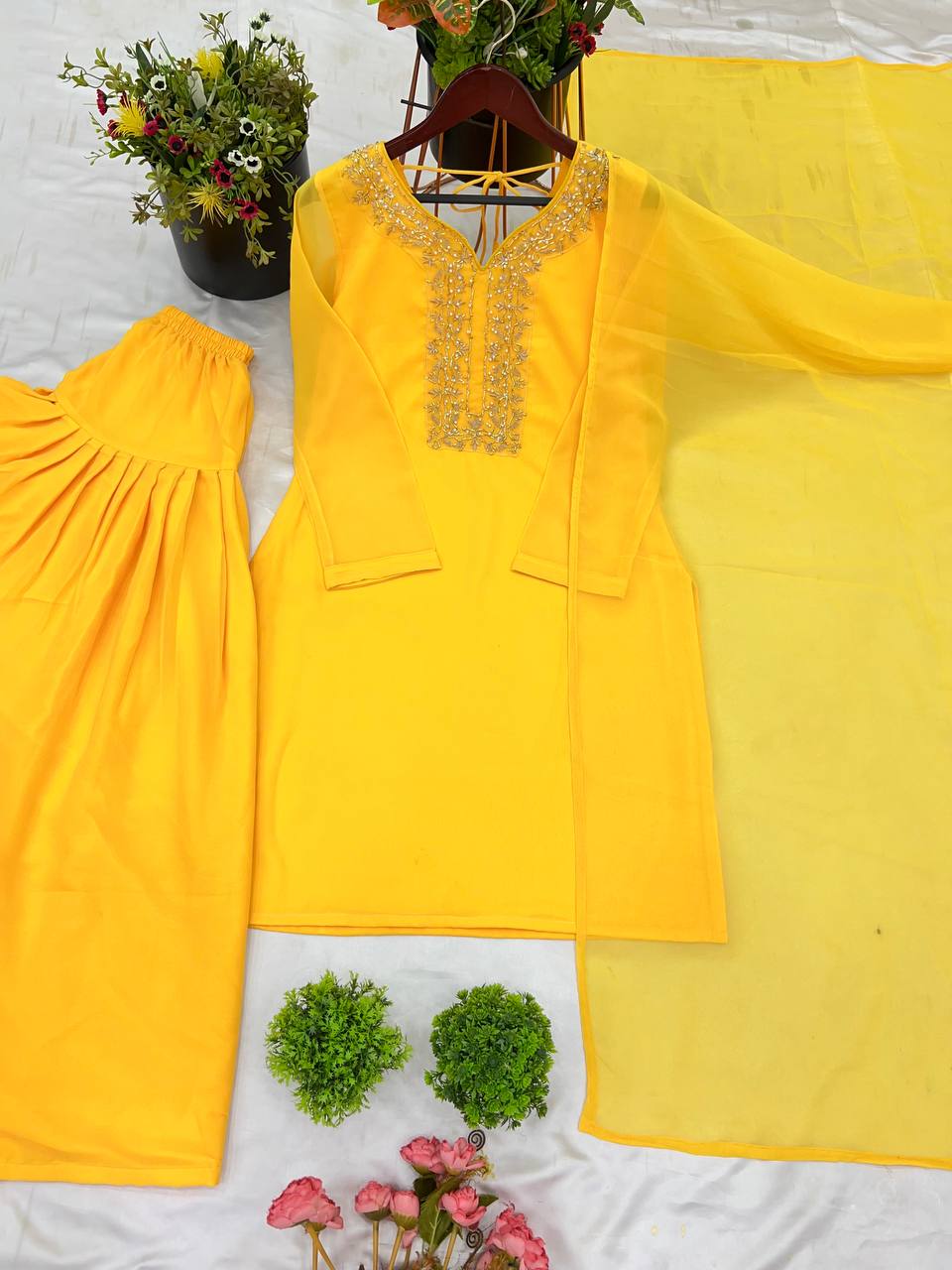 Gorgeous Yellow Color Faux Georgette And Embroidery With Hand work And Beads Salwar Suit