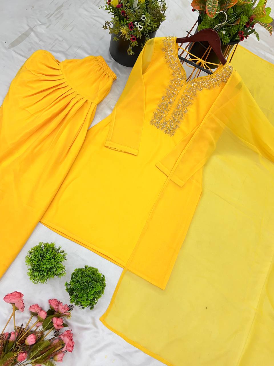 Gorgeous Yellow Color Faux Georgette And Embroidery With Hand work And Beads Salwar Suit