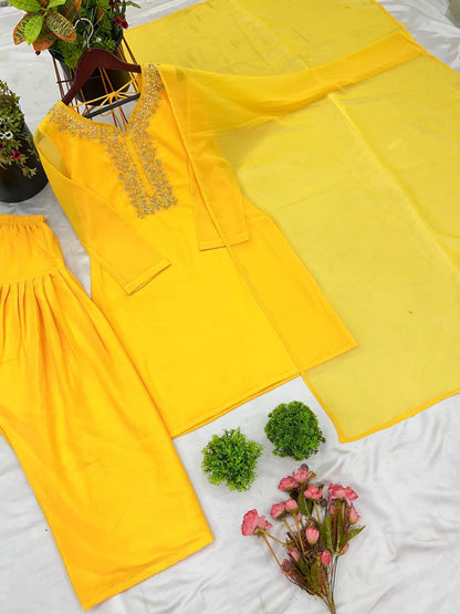 Gorgeous Yellow Color Faux Georgette And Embroidery With Hand work And Beads Salwar Suit