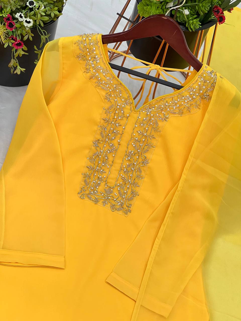 Gorgeous Yellow Color Faux Georgette And Embroidery With Hand work And Beads Salwar Suit