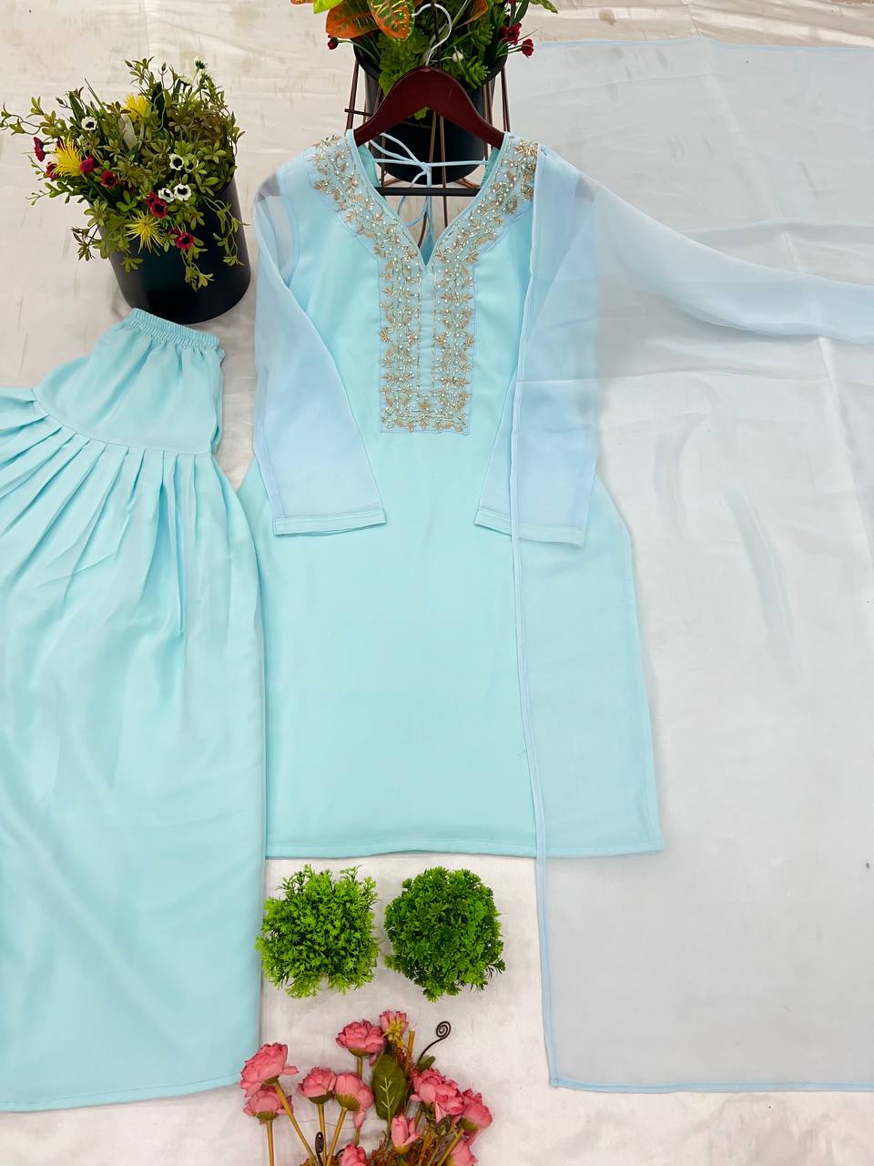 Trendy Sky Color Faux Georgette And Embroidery With Hand work And Beads Salwar Suit