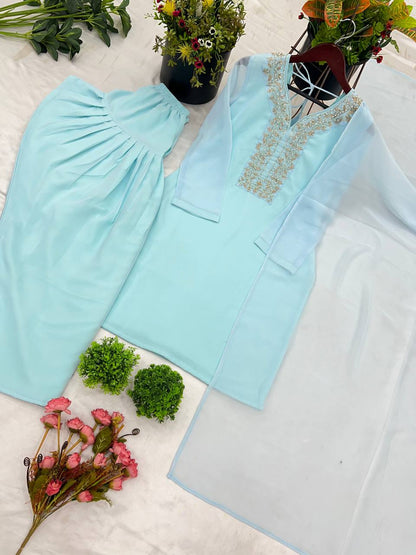 Trendy Sky Color Faux Georgette And Embroidery With Hand work And Beads Salwar Suit