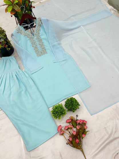Trendy Sky Color Faux Georgette And Embroidery With Hand work And Beads Salwar Suit