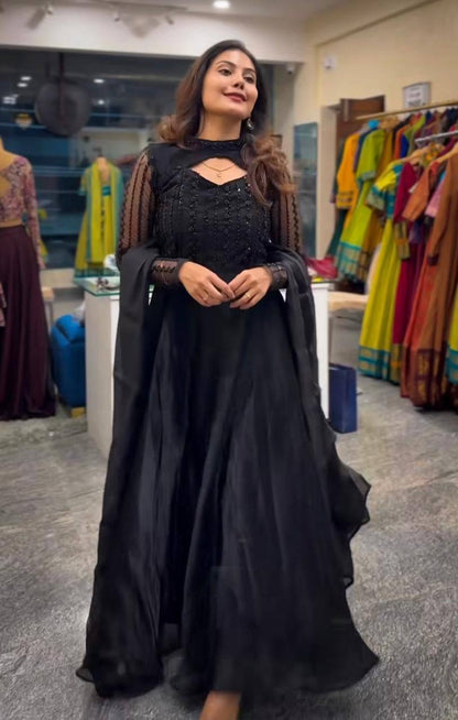 Shining Black Pure Heavy Jimmy Choo With 5mm Sequence And Embroidery Work Anarkali Gown