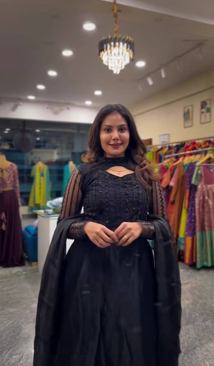 Shining Black Pure Heavy Jimmy Choo With 5mm Sequence And Embroidery Work Anarkali Gown