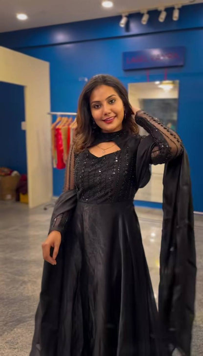 Shining Black Pure Heavy Jimmy Choo With 5mm Sequence And Embroidery Work Anarkali Gown