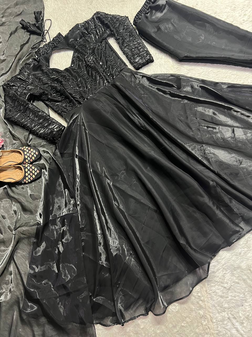 Shining Black Pure Heavy Jimmy Choo With 5mm Sequence And Embroidery Work Anarkali Gown