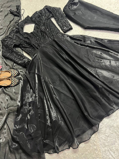 Shining Black Pure Heavy Jimmy Choo With 5mm Sequence And Embroidery Work Anarkali Gown