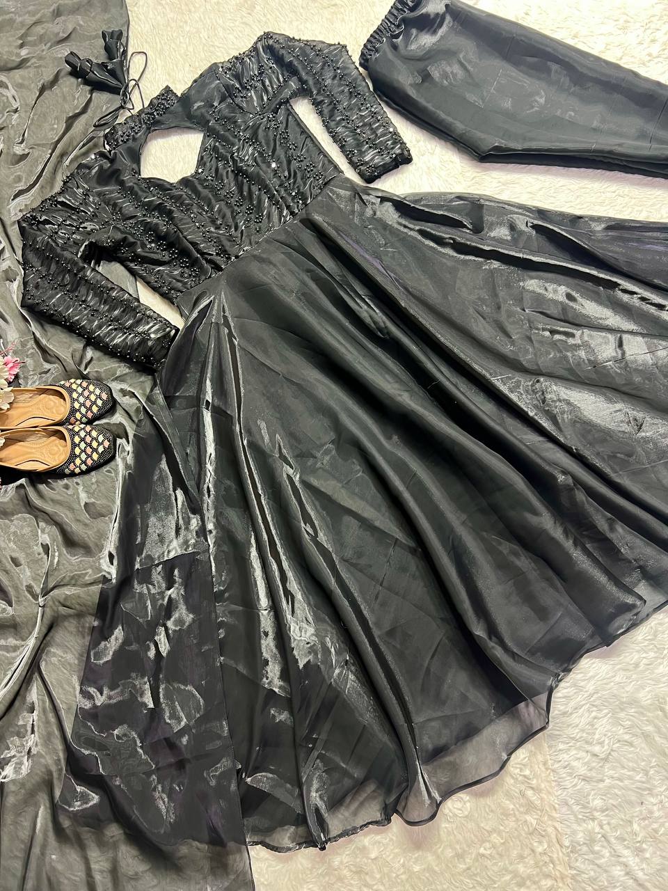 Shining Black Pure Heavy Jimmy Choo With 5mm Sequence And Embroidery Work Anarkali Gown