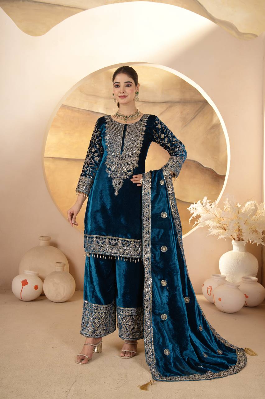 Luxury Heavy Viscose Velvet Embroidered Palazzo Salwar Suit Set