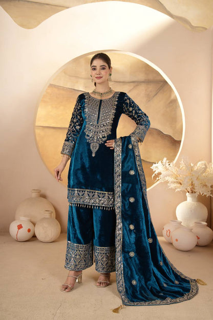 Luxury Heavy Viscose Velvet Embroidered Palazzo Salwar Suit Set