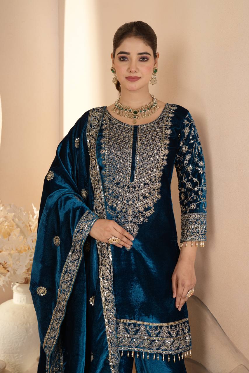 Luxury Heavy Viscose Velvet Embroidered Palazzo Salwar Suit Set