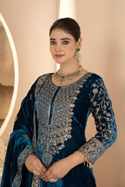 Luxury Heavy Viscose Velvet Embroidered Palazzo Salwar Suit Set