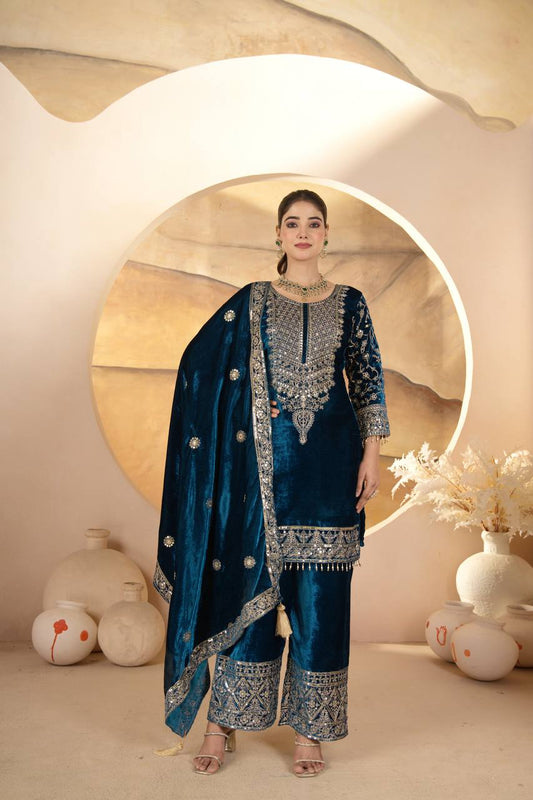 Luxury Heavy Viscose Velvet Embroidered Palazzo Salwar Suit Set