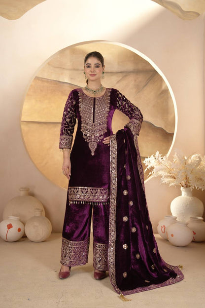 Luxury Heavy Viscose Velvet Embroidered Palazzo Salwar Suit Set