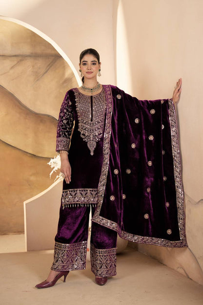 Luxury Heavy Viscose Velvet Embroidered Palazzo Salwar Suit Set