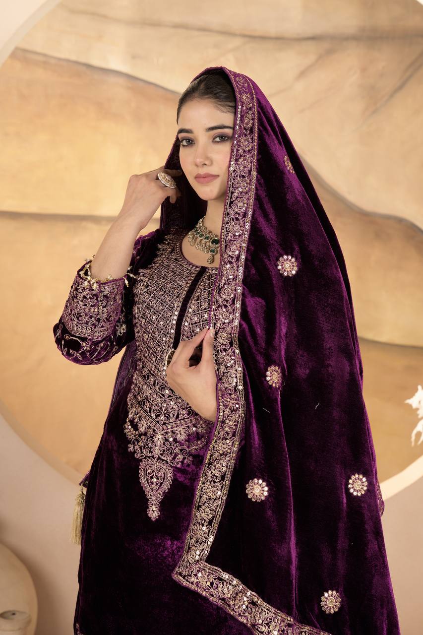 Luxury Heavy Viscose Velvet Embroidered Palazzo Salwar Suit Set