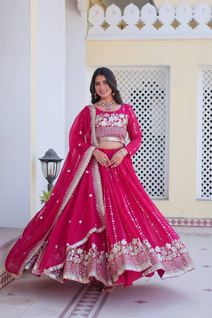 Mesmerizing Pink Color Heavy Faux Georgette And Embroidery Sequence Work Lehenga Choli