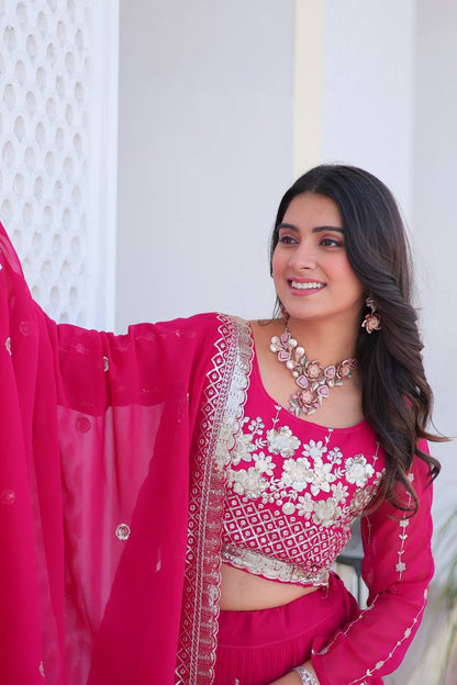 Mesmerizing Pink Color Heavy Faux Georgette And Embroidery Sequence Work Lehenga Choli