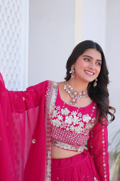 Mesmerizing Pink Color Heavy Faux Georgette And Embroidery Sequence Work Lehenga Choli
