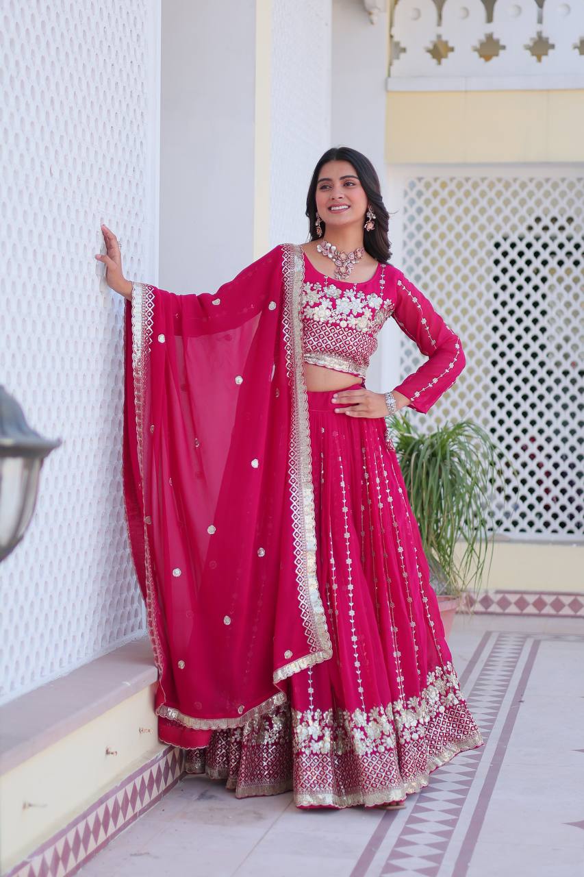 Mesmerizing Pink Color Heavy Faux Georgette And Embroidery Sequence Work Lehenga Choli