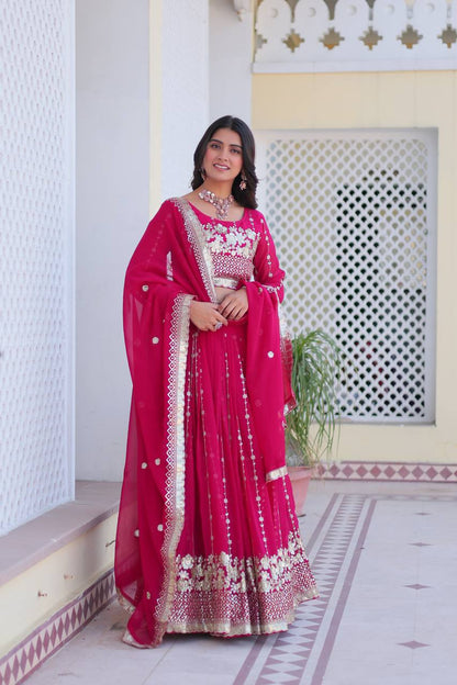 Mesmerizing Pink Color Heavy Faux Georgette And Embroidery Sequence Work Lehenga Choli
