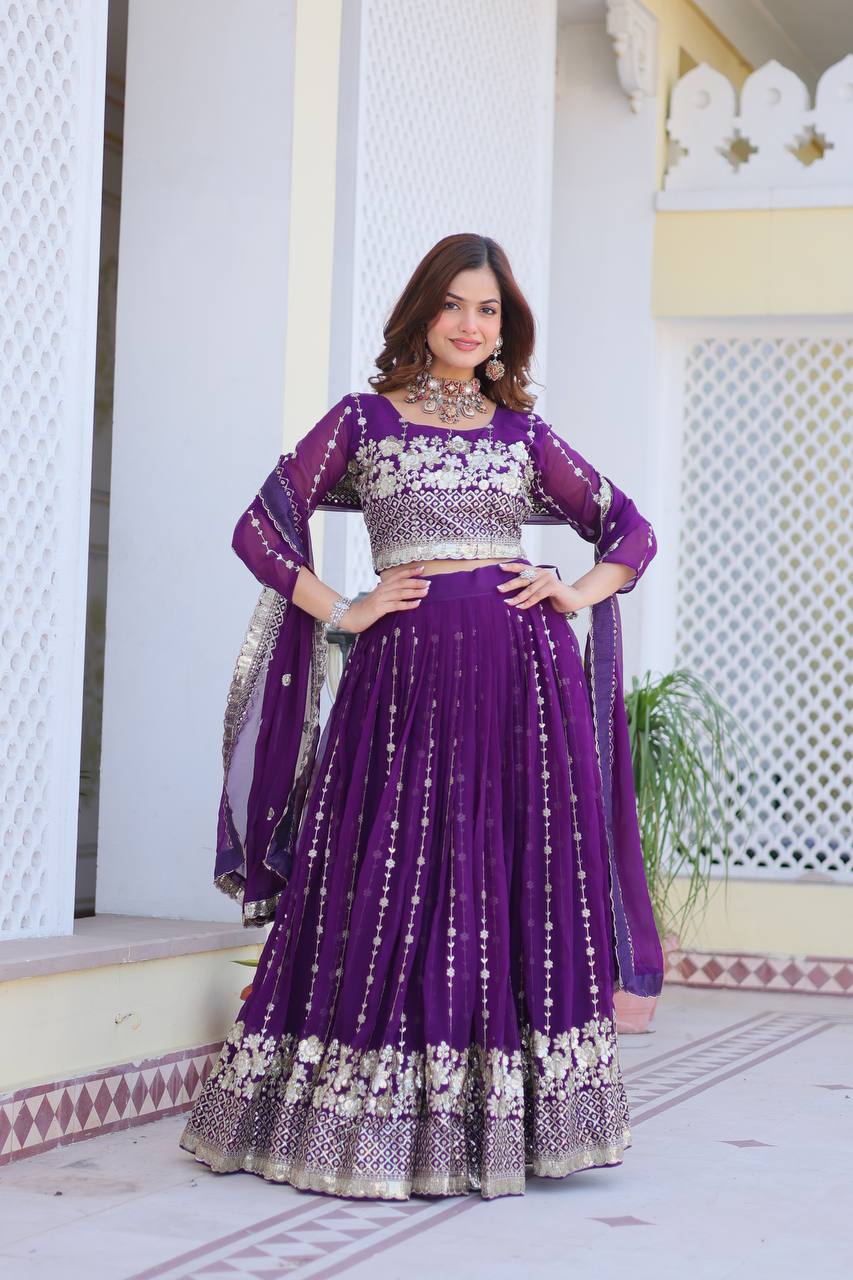 Mesmerizing Purple Color Heavy Faux Georgette And Embroidery Sequence Work Lehenga Choli