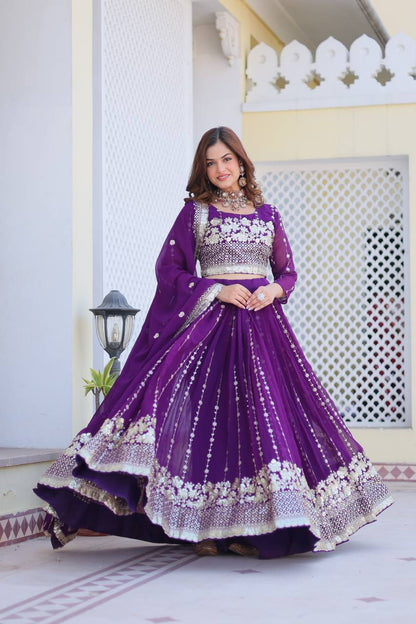 Mesmerizing Purple Color Heavy Faux Georgette And Embroidery Sequence Work Lehenga Choli