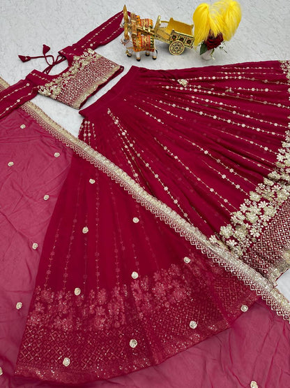 Mesmerizing Pink Color Heavy Faux Georgette And Embroidery Sequence Work Lehenga Choli