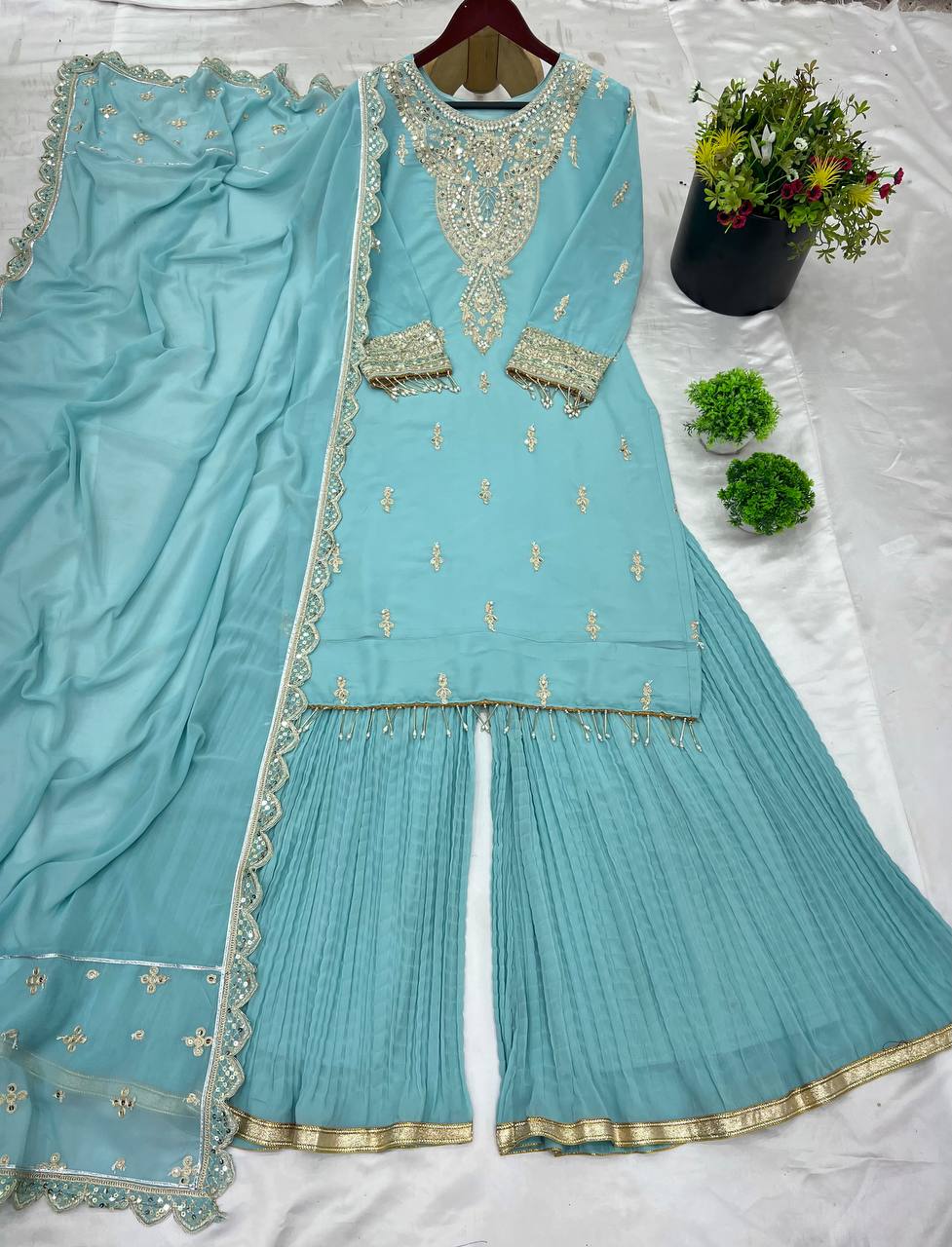 Stunning Sky Blue Color Faux Georgette With Heavy Embroidery Sequence Work Palazzo Suit