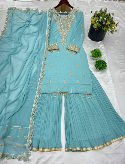 Stunning Sky Blue Color Faux Georgette With Heavy Embroidery Sequence Work Palazzo Suit