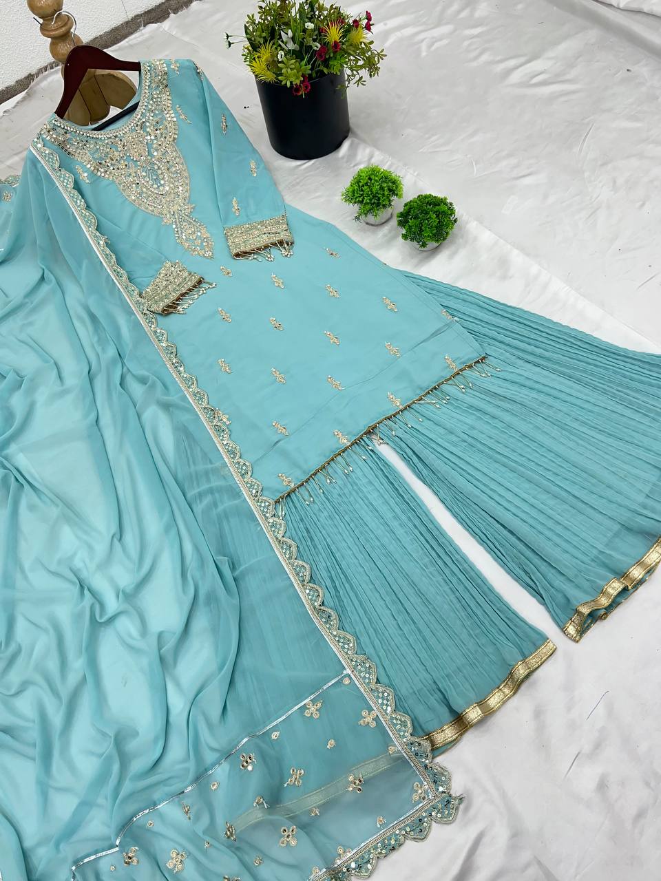 Stunning Sky Blue Color Faux Georgette With Heavy Embroidery Sequence Work Palazzo Suit