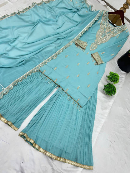 Stunning Sky Blue Color Faux Georgette With Heavy Embroidery Sequence Work Palazzo Suit