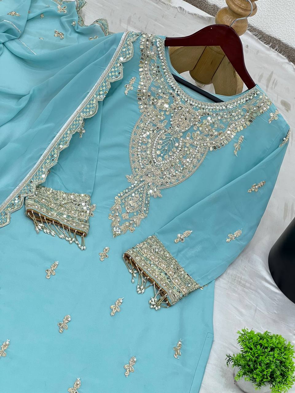 Stunning Sky Blue Color Faux Georgette With Heavy Embroidery Sequence Work Palazzo Suit
