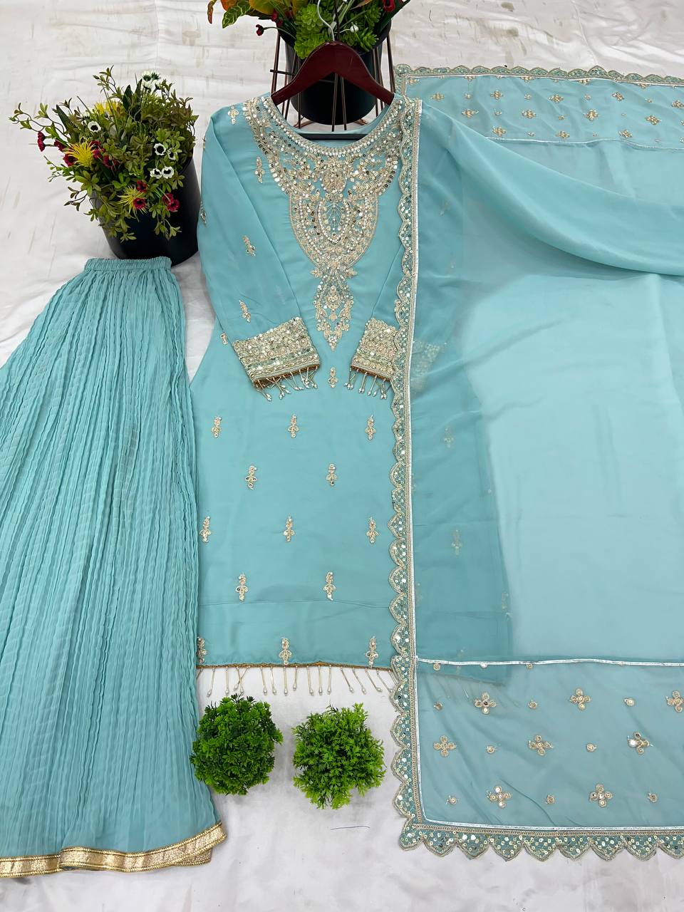 Stunning Sky Blue Color Faux Georgette With Heavy Embroidery Sequence Work Palazzo Suit