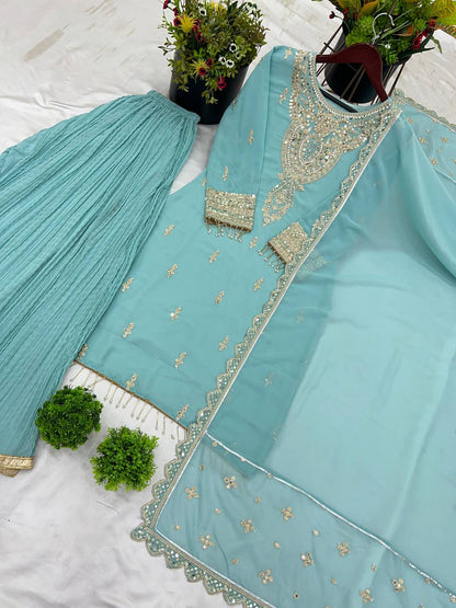 Stunning Sky Blue Color Faux Georgette With Heavy Embroidery Sequence Work Palazzo Suit