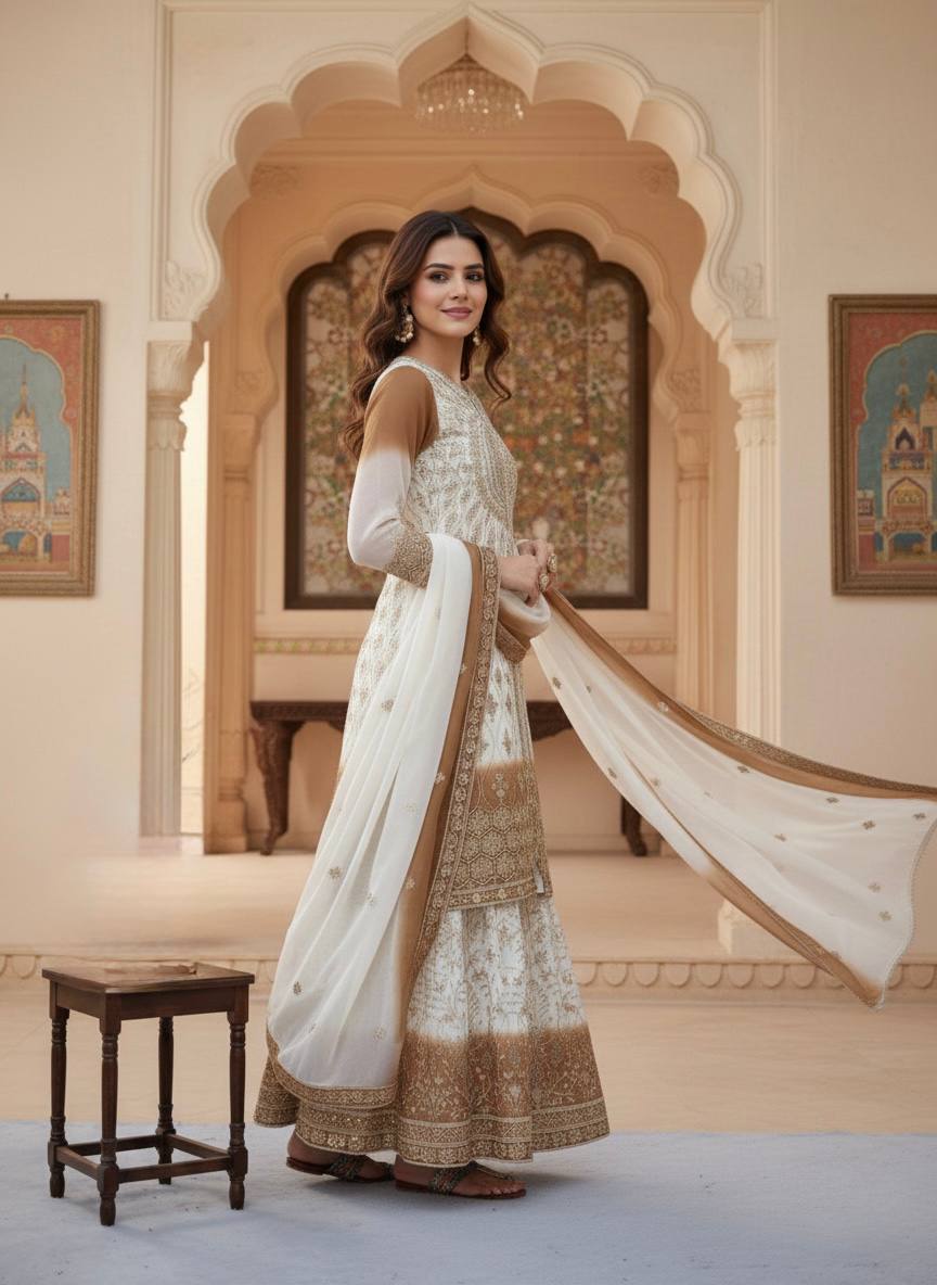 Pakistani Wear Dual Tone Brown Color Georgette Palazzo Suit Set