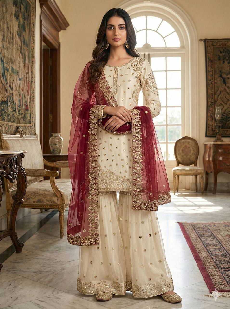 Elegant Fendy Silk Full Sleeves Sharara Suit With Red Dupatta