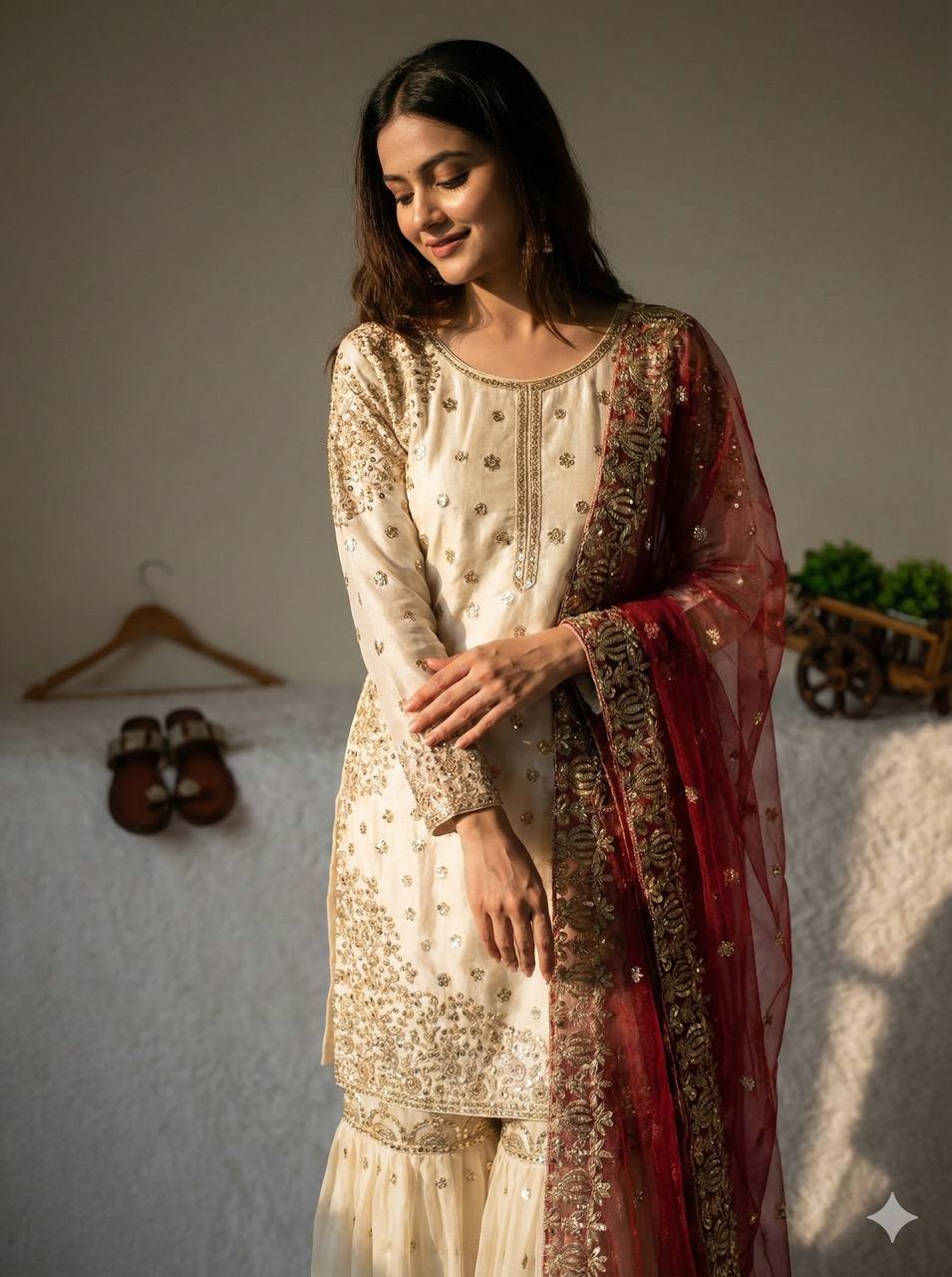 Elegant Fendy Silk Full Sleeves Sharara Suit With Red Dupatta