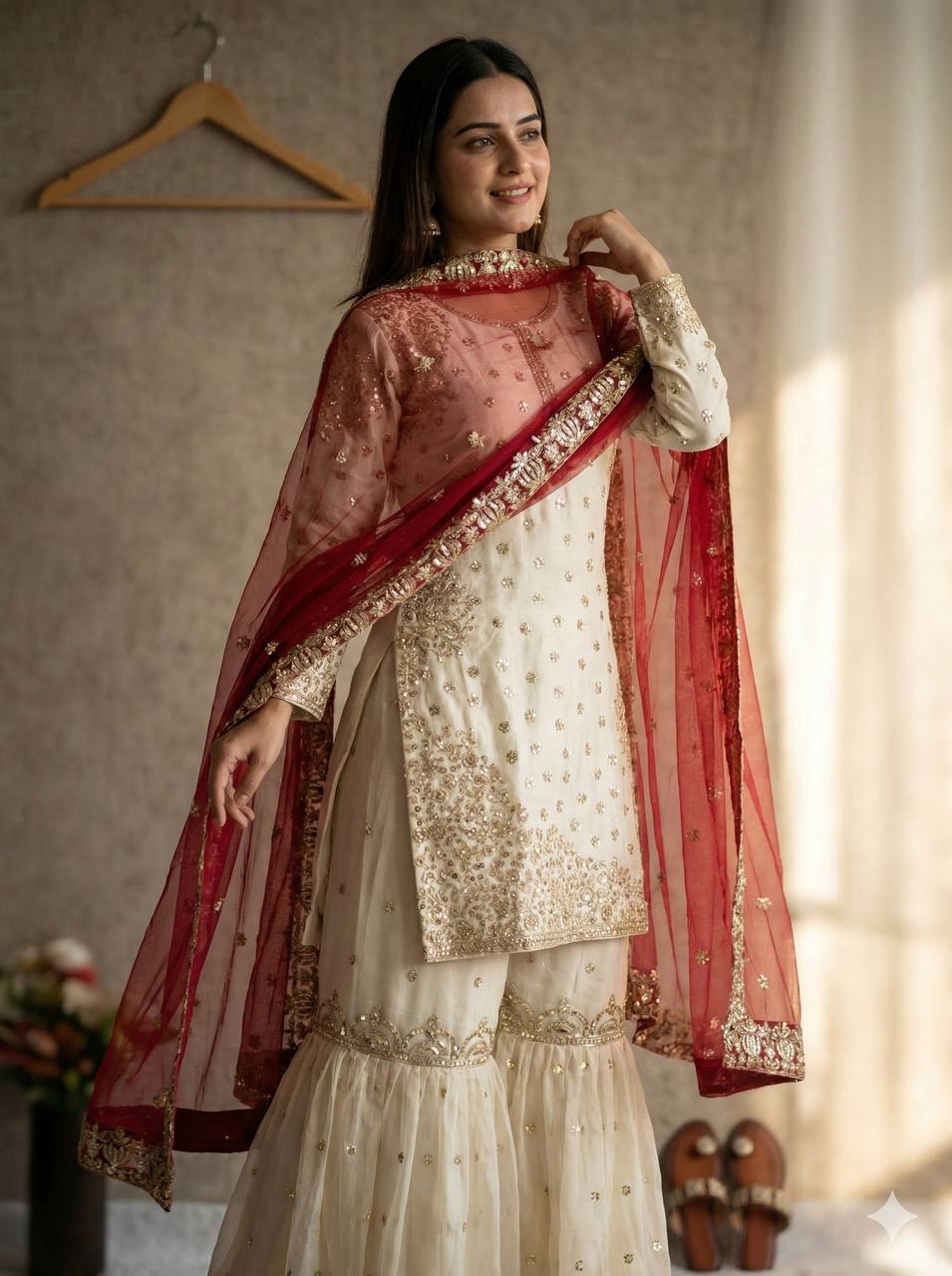 Elegant Fendy Silk Full Sleeves Sharara Suit With Red Dupatta