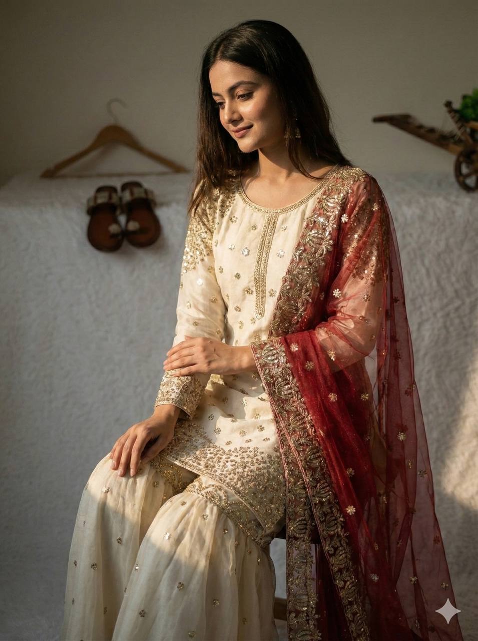 Elegant Fendy Silk Full Sleeves Sharara Suit With Red Dupatta