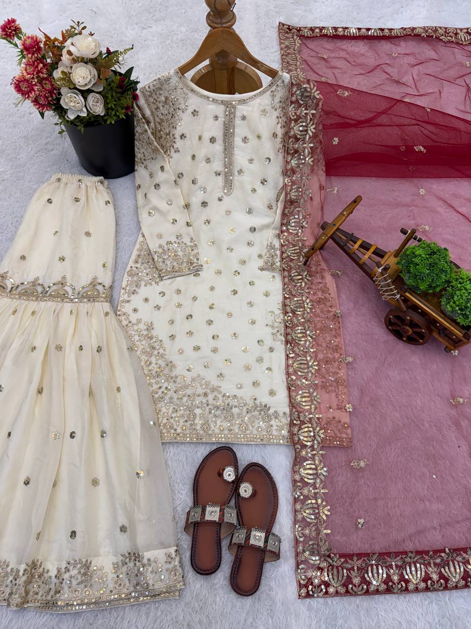 Elegant Fendy Silk Full Sleeves Sharara Suit With Red Dupatta