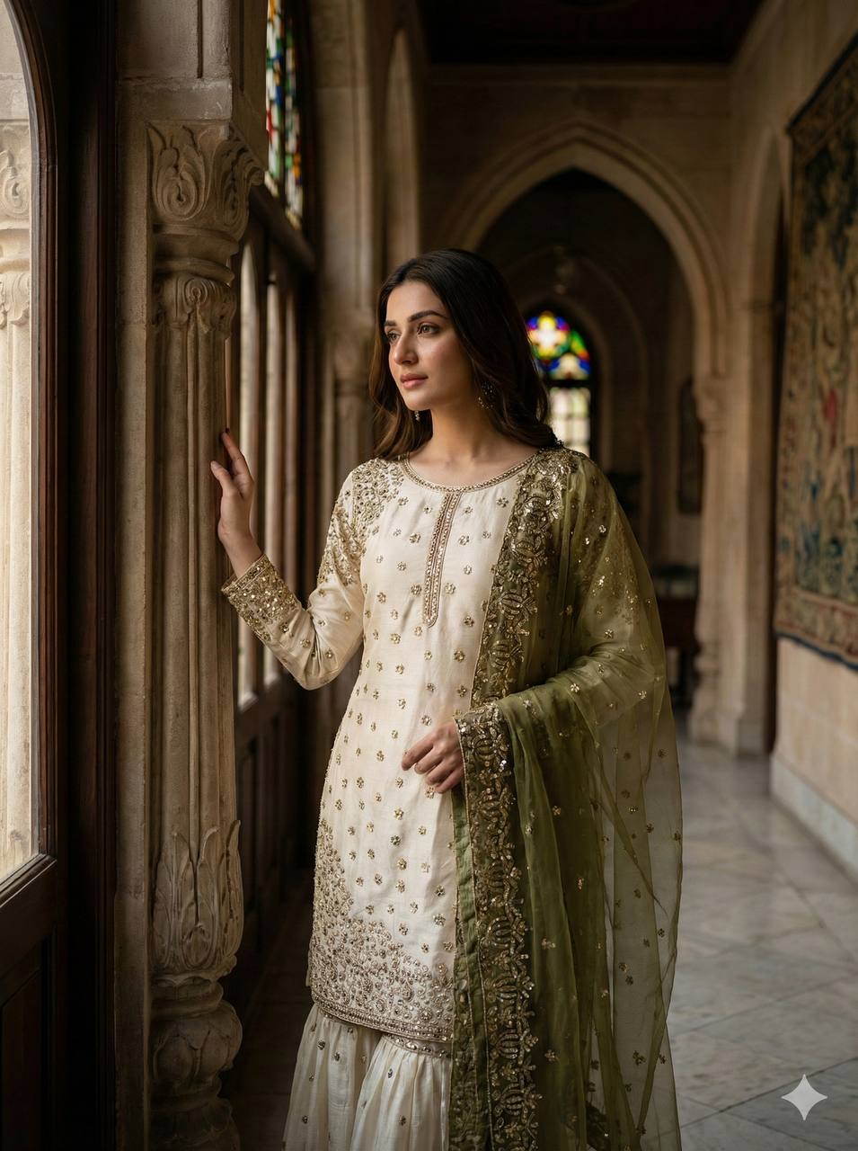 Elegant Fendy Silk Full Sleeves Sharara Suit With Mahendi Dupatta