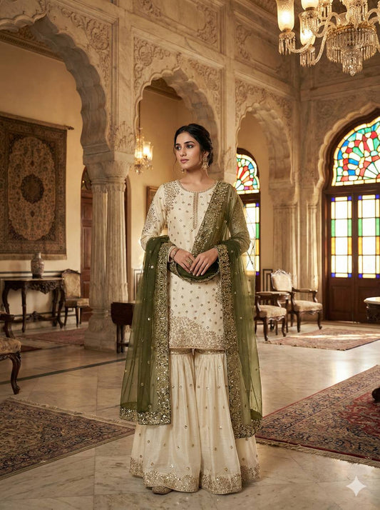 Elegant Fendy Silk Full Sleeves Sharara Suit With Mahendi Dupatta