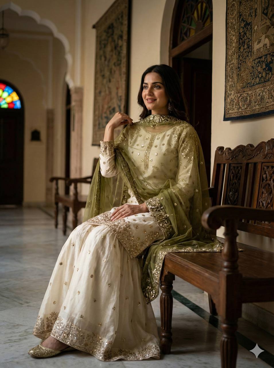 Elegant Fendy Silk Full Sleeves Sharara Suit With Mahendi Dupatta