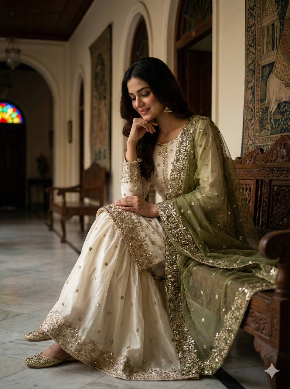 Elegant Fendy Silk Full Sleeves Sharara Suit With Mahendi Dupatta