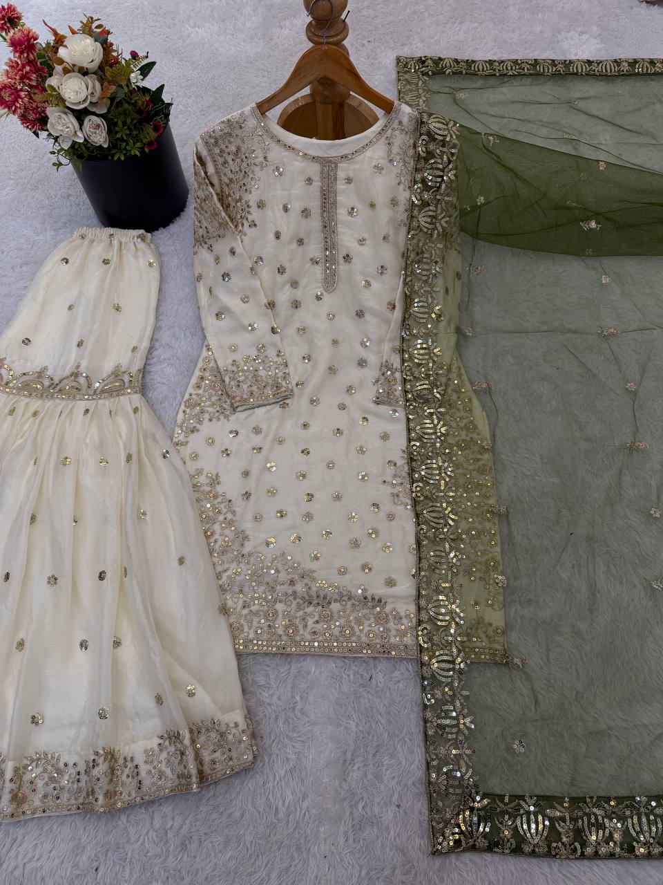 Elegant Fendy Silk Full Sleeves Sharara Suit With Mahendi Dupatta