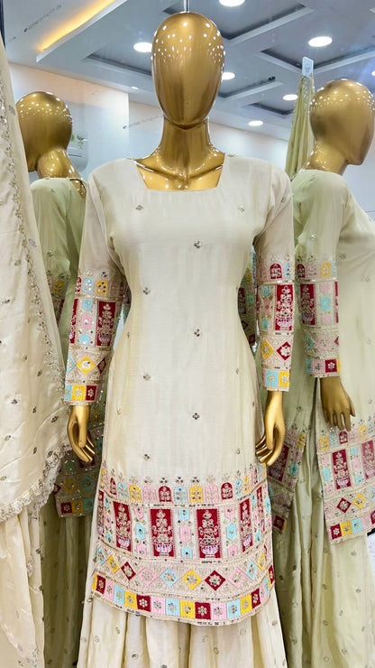 Reception Wear Cream Color Heavy Chinon Silk With Heavy Embroidery Sequence Work Sharara Suit