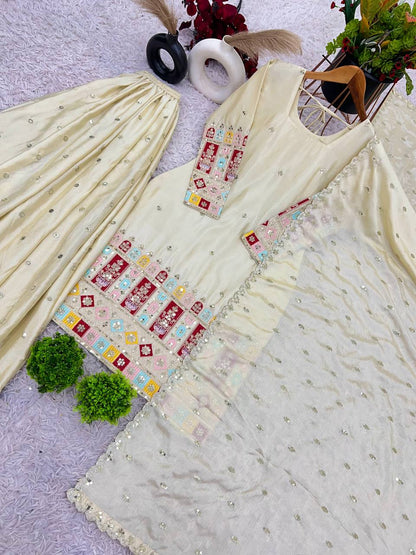 Reception Wear Cream Color Heavy Chinon Silk With Heavy Embroidery Sequence Work Sharara Suit